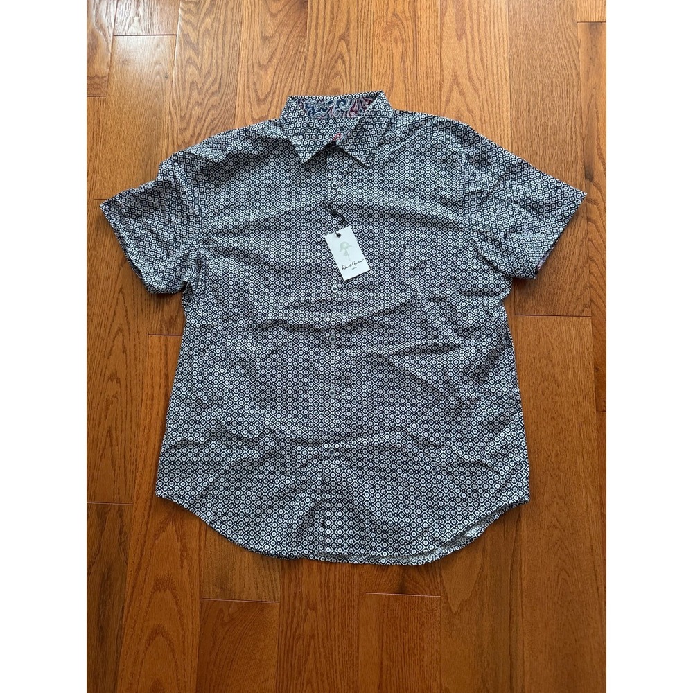 Robert Graham Bramston Geometric Navy Short-Sleeve Shirt Classic Fit Size XL NWT